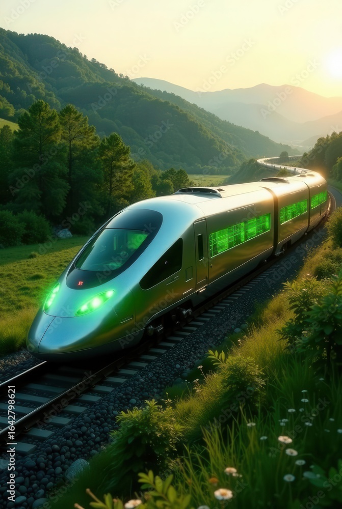 Fototapeta premium Futuristic High-Speed Train Journey Through Serene Mountain Valley at Sunset