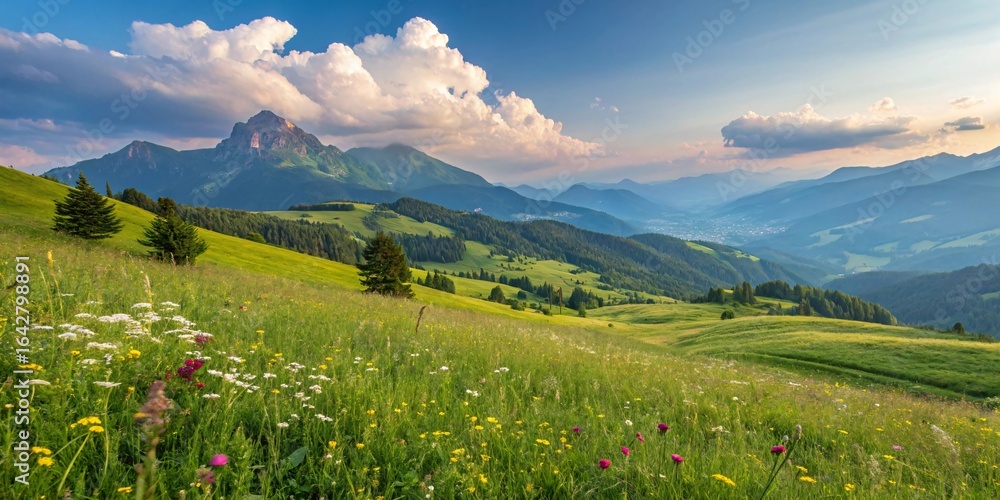 Fototapeta premium Mountain landscape with snow-capped peaks, green valleys, and clouds against a bright summer sky