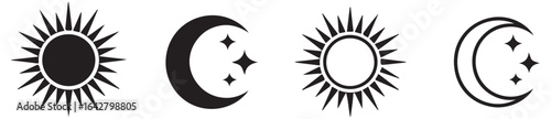 Four celestial symbols featuring sun and moon designs in a black and white illustration style