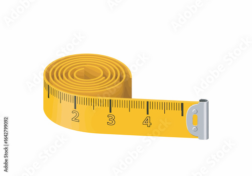 Yellow measuring tape, partially coiled, showing centimeters and inches, isolated on a white background.