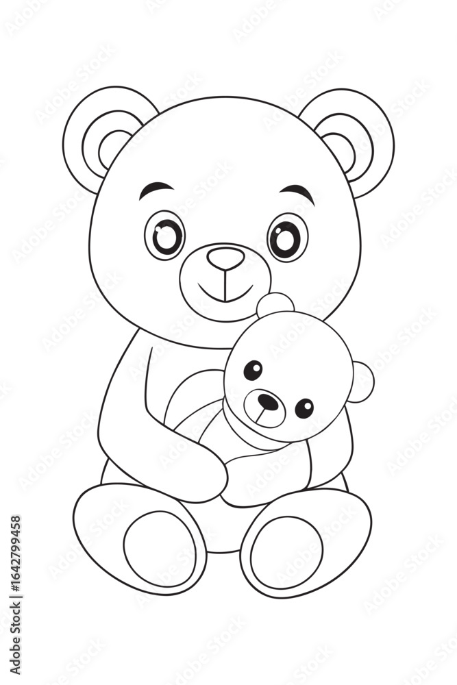 Fototapeta premium Baby Bear Holding Teddy Bear Toy Outline Vector