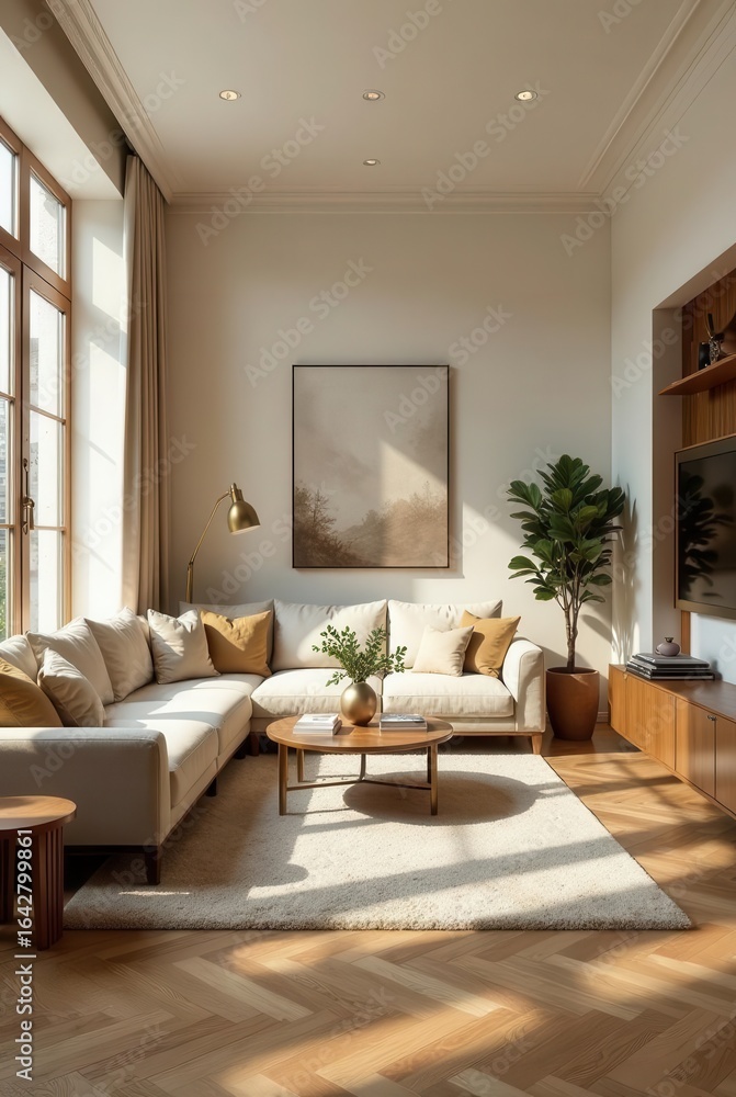 Fototapeta premium Serene Modern Living Room Design with Neutral Tones and Natural Light