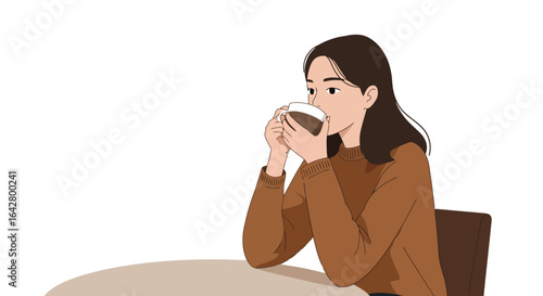 Serene Woman Enjoying Coffee in Minimalist Illustration Style, Perfect for Lifestyle Blogs and Cafe Promotion, and Coffee Culture Digital Marketing