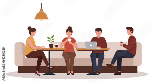 Diverse Individuals Enjoying Coffee Shop Ambiance, Working and Socializing in a Modern Setting, Ideal for Illustrating Urban Lifestyle and Social Connectivity
