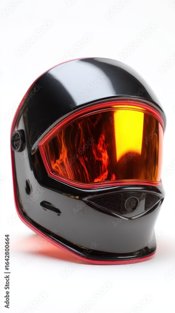 Fototapeta premium Glossy Black Helmet with Orange Visor on White Background Sports Safety Gear