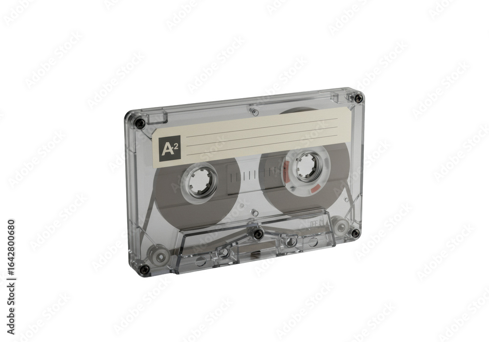 Fototapeta premium Pristine vintage transparent audio cassette tape, visible internal reels, generic label, on clean minimalist light surface with ample negative space, concept of analog nostalgia