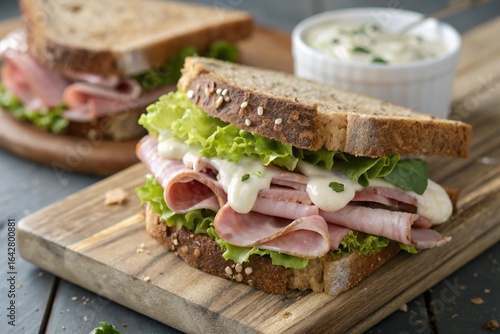 Two sandwiches with lettuce and ham on a wooden board