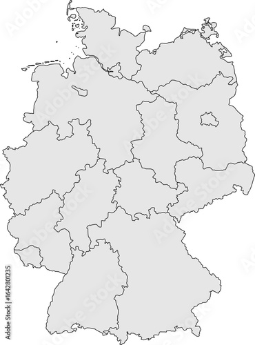  A sleek, grey political map of Germany with clearly defined state borders. Perfect for professional, educational, and data visualization projects.