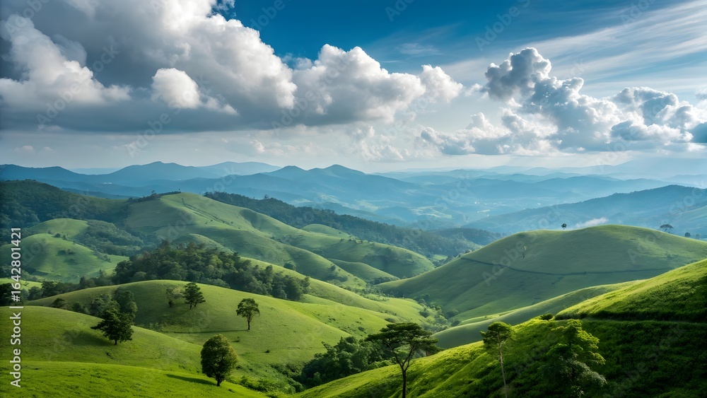Obraz premium Rolling Hills: A breathtaking landscape of rolling green hills stretches towards the horizon under a dramatic sky, showcasing the natural beauty and serenity of the countryside.