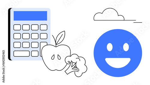 Calculator, apple, broccoli, cloud, and happy face symbolizing health, well-being, nutrition, balance. Ideal for diet planning wellness apps healthy habits education positive lifestyle