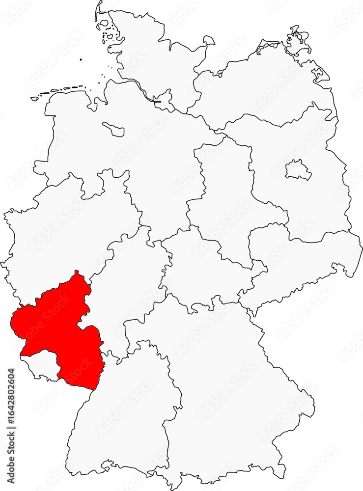 Fototapeta premium Map of Germany highlighting Rhineland-Palatinate. Ideal for designs on its famous wine regions, scenic castles along the Rhine River, and rich history