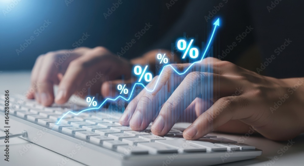 Naklejka premium Hands typing on a keyboard with a rising financial graph and percentage symbols