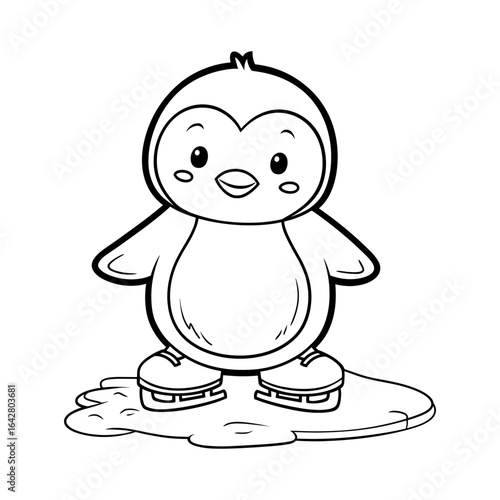 Cartoon penguin wearing ice skates standing on a patch of ice, a simple illustration for a coloring page