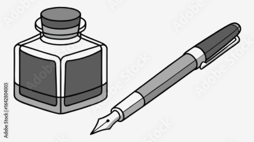 Gray inkwell and fountain pen writing stationery