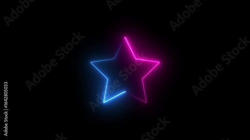 Blue  and prink colour neon line star shape drawn on a black background. 4k video.