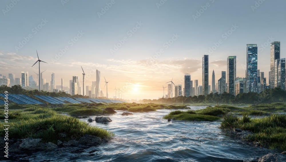 Fototapeta premium Modern city by a river with sustainable energy