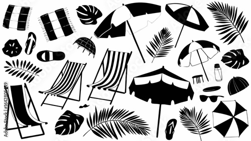 Black and white beach themed illustration with chairs umbrellas and tropical leaves design elements | editable eps vectors silhouette