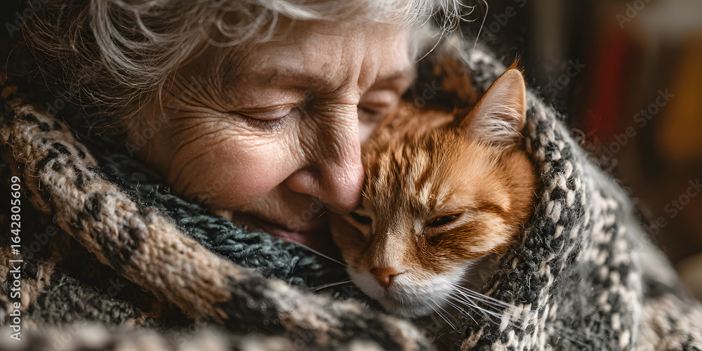 An elderly woman cuddles her orange cat while wrapped in a cozy blanket indoors. An elderly woman enjoys a quiet moment with her orange cat nestled in her arms. An elderly woman cuddles her orange cat while wrapped in a cozy blanket indoors. An elderly woman enjoys a quiet moment with her orange cat nestled in her arms.