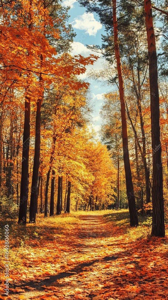Obraz premium Autumn forest path, vibrant fall colors