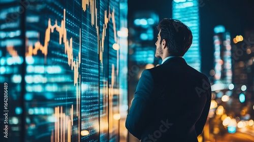 Businessman gazes at illuminated financial data wall at night
