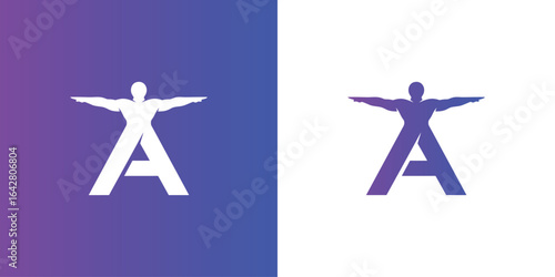 A powerful logo of the letter 'A' integrated with a muscular man with outstretched arms, symbolizing strength, health, and balance, perfect for fitness and wellness brands.
