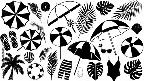 Monochrome beach themed illustration featuring umbrellas, palm trees, and swimwear elements for summer | editable eps vectors silhouette