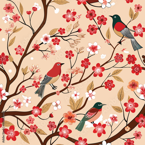 Birds perched on blooming branches with red and white flowers vector