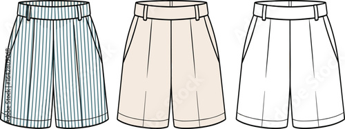 Shorts front view fashion flat sketch, striped and plain design variations, casual summer wear template, clothing technical drawing, apparel design illustration