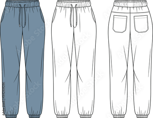 Fashion jogger pants front and back view, casual sweatpants design illustration, elastic waistband, drawstring, ribbed cuffs, back pockets, apparel template