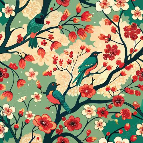 Birds perched on flowering branches with red and white blossoms plum