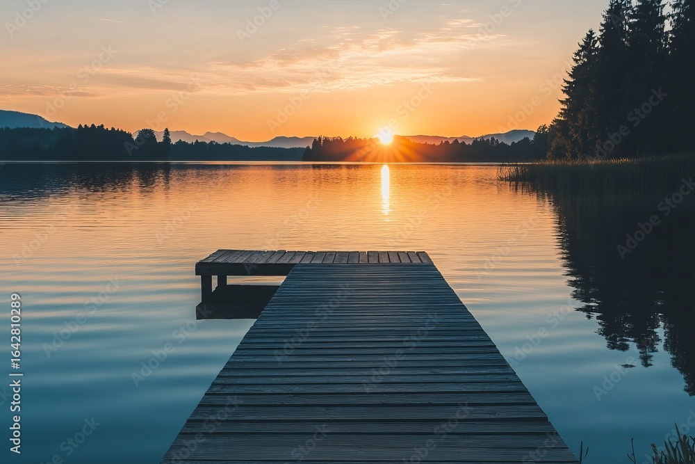 Fototapeta premium Calm sunrise over a lake with a wooden pier