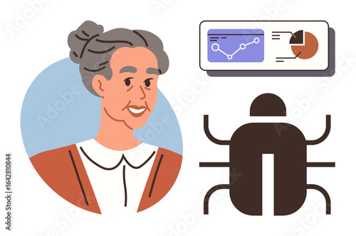 Elderly woman with a kind expression, data chart showcasing analytics, and simple bug illustration. Ideal for STEM, programming, innovation, computing history, data science, research and coding