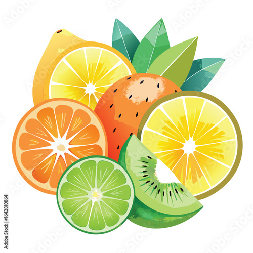 Citrus slices and kiwi with green leaves orange lemon