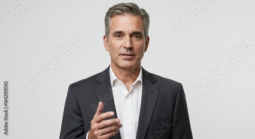 Confident Businessman in Suit Gesturing White Background.