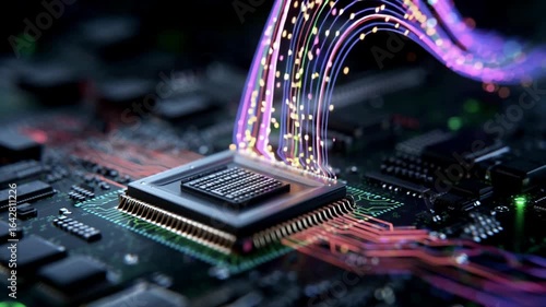 Dynamic arcs of glowing data above a microchip, representing advanced computing, real-time information flow, and the invisible power of modern digital systems