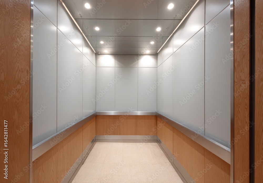 Obraz premium Modern elevator interior, light gray panels, light wood trim