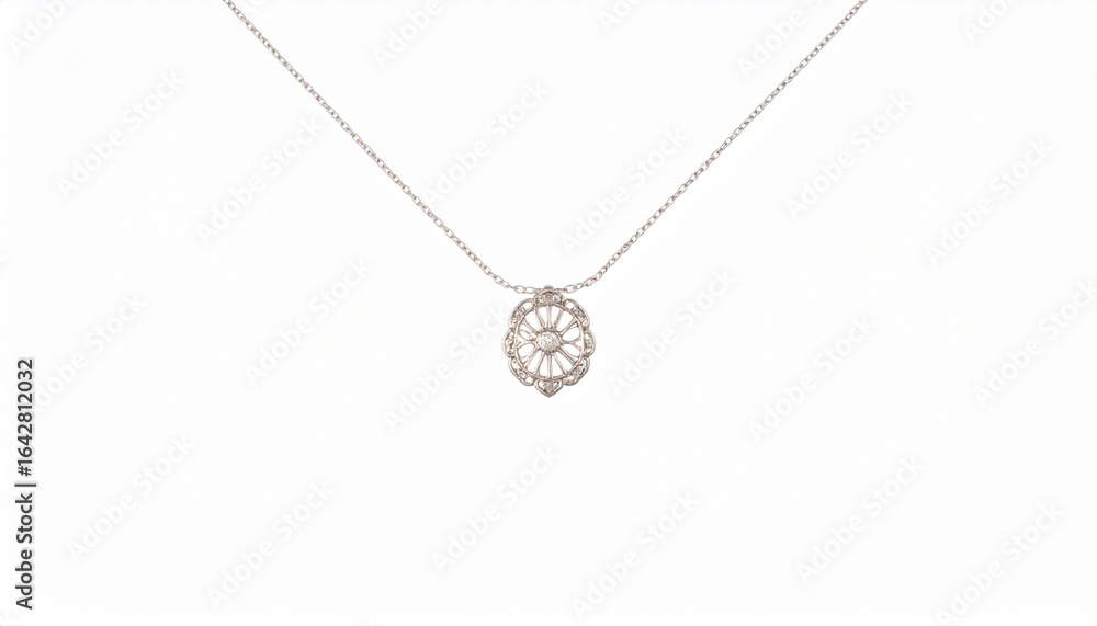 Fototapeta premium Elegant necklace featuring a thin chain and a symmetrical, intricately designed metal pendant—possibly silver or white gold—attached via a small loop, showcasing refined craftsmanship and delicate sty