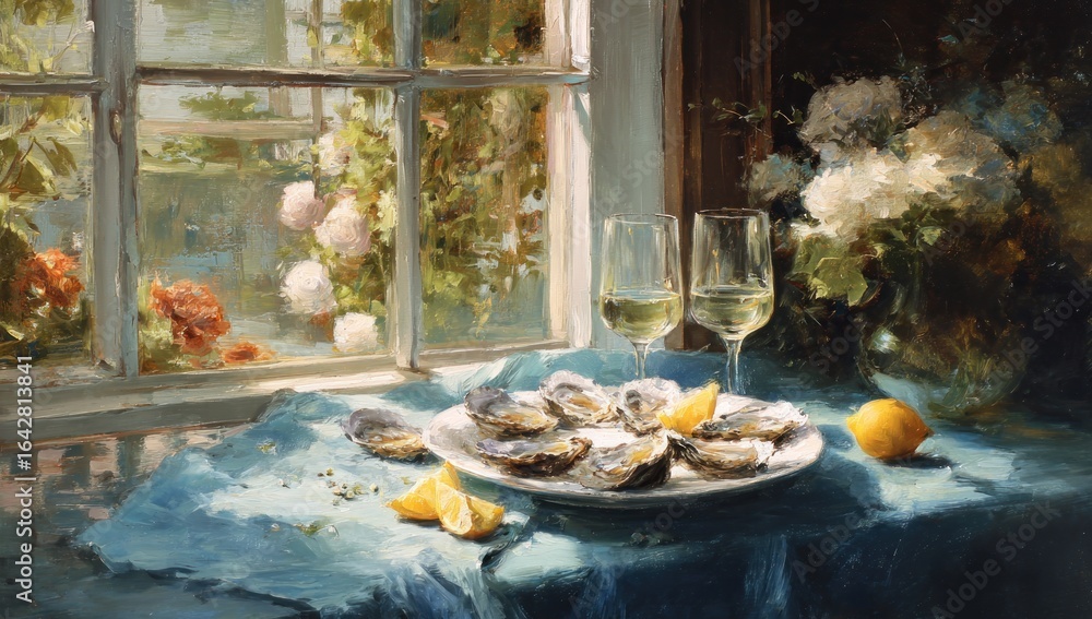 Fototapeta premium Still life with oysters and wine by window
