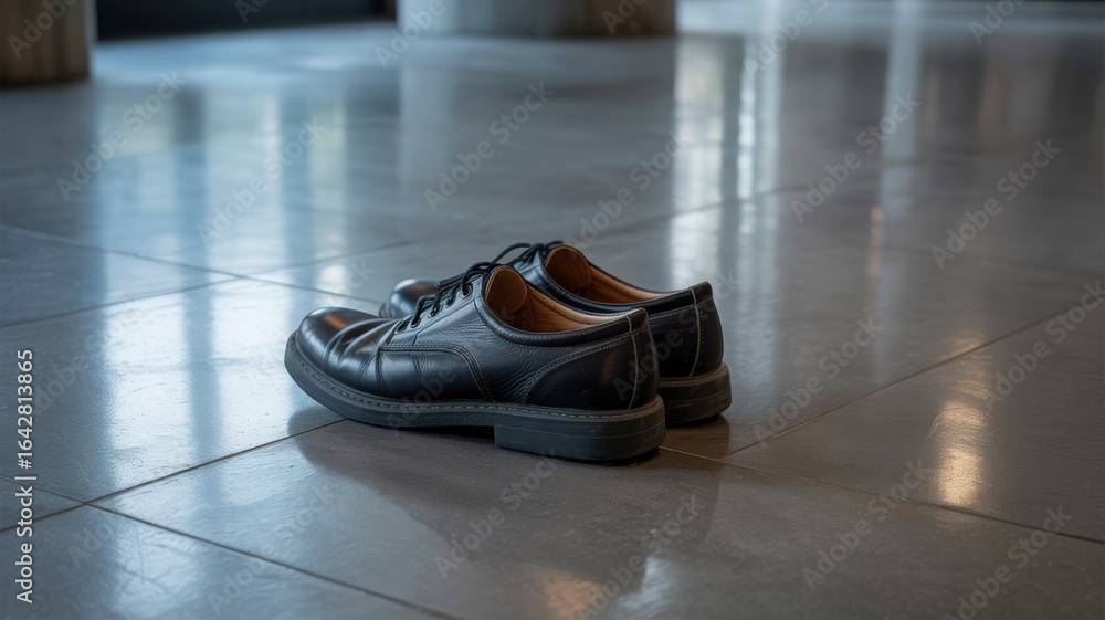 Pair of Black Leather Dress Shoes on Gray Tiled Floor Pair of Black Leather Dress Shoes on Gray Tiled Floor