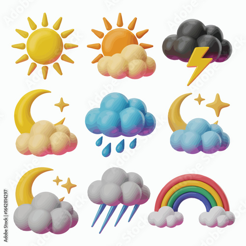 Collection of 3d weather icons and symbols in claymation style