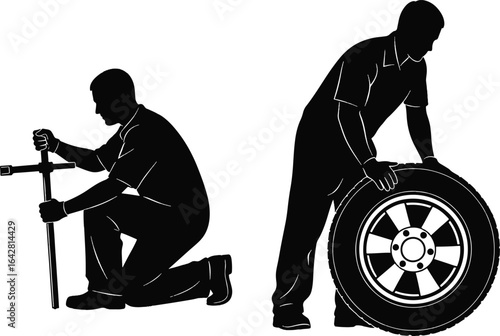 Car mechanic changing tire silhouette vector