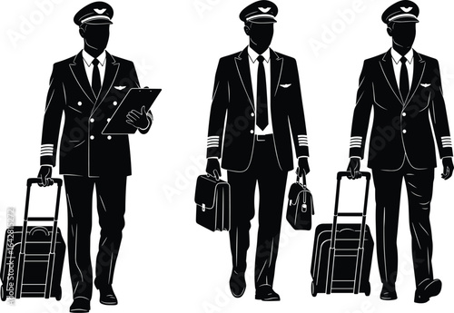 Professional airline pilots walking, travel industry, aviation crew, airport staff, flight preparation, pilot uniforms, teamwork, commercial aviation, airline professionals, pilot luggage
