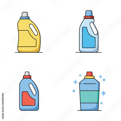 Cartoon vector illustration of laundry detergent bottles in different colors and styles