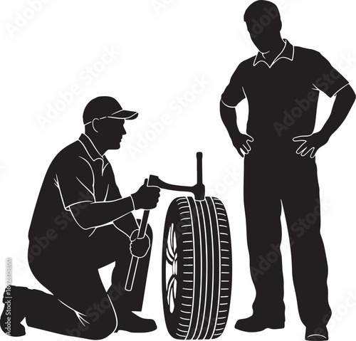 Auto mechanic changing tire silhouette vector