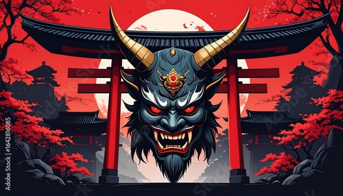 Japanese demon mask behind torii gate