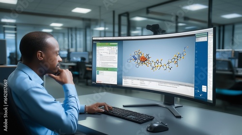 Wallpaper Mural Innovation in biotechnology: a focused biologist or chemist uses a powerful computer to conduct research and development in a professional, high-tech facility. Torontodigital.ca