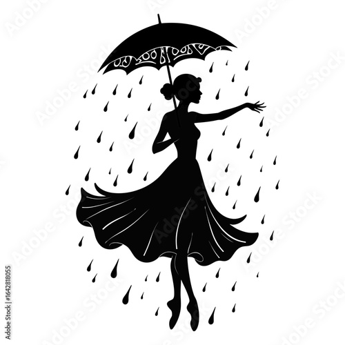 Silhouette of woman dancing in rain with umbrella vector art illustration graphic design element for prints and web on transparent background