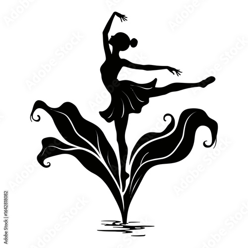 Silhouette ballerina dancing on leaves vector illustration for dance and ballet performance art design on transparent background