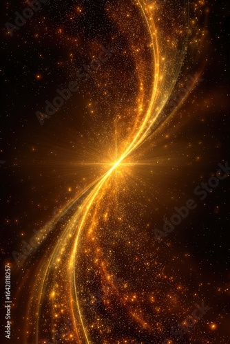 Golden spiral galaxy, glowing streaks