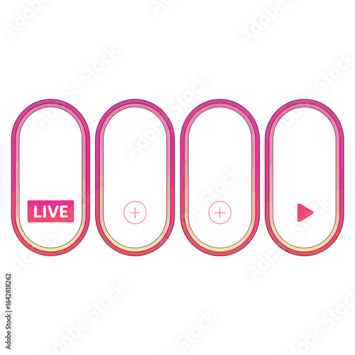 Four oval frames with social media icons and live streaming elements